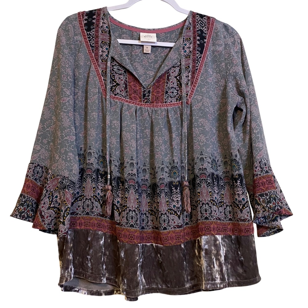 Knox Rose Womens Boho Floral Paisley Tassel Blouse Velvet Hem Sage Green Size M